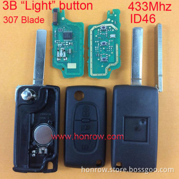 Peugeot 3 button 433mhz ID46 chip flip remote key VA2 307 Blade for Peugeot car key with Light button